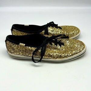 Keds + Kate Spade - Fun Bold New York Gold Glitter Lace Up Flat Sneakers Size 7